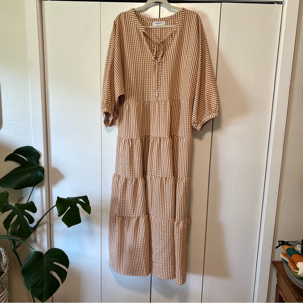 Carly Jean Los Angeles Tan Gingham Long Sleeve Dress
